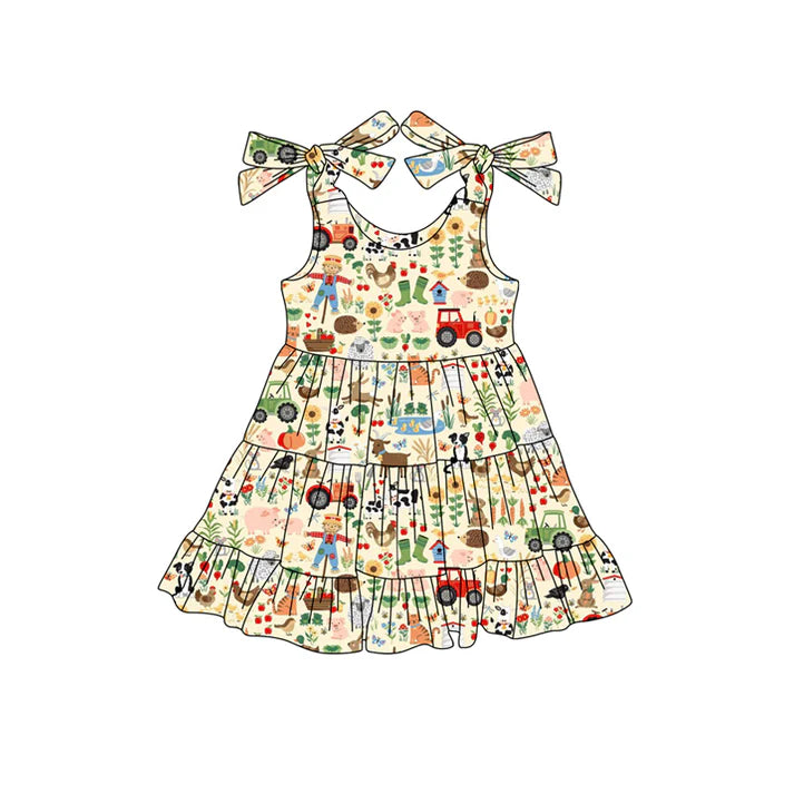 Preorder (moq 5)Baby Girls Strap Cows Rabbits Floral Farm Knee Length Dresses 4.24