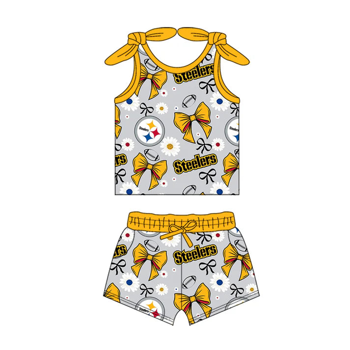 Preorder MOQ 5 pcs sleeveless yellow bow floral kids girls team outfits 8.28