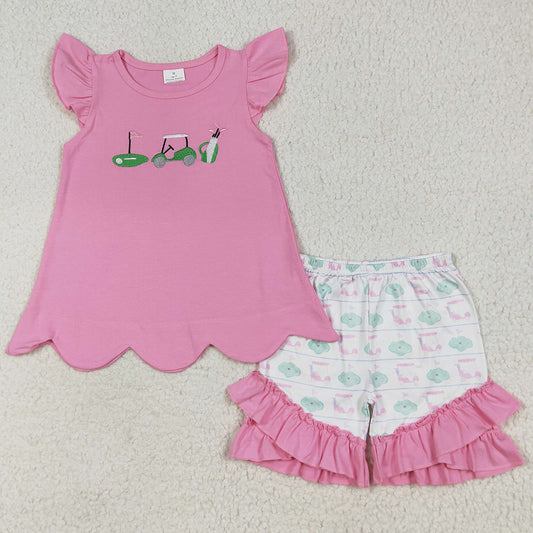 Embroidery Baby Girls Clothes Pink Flutter Sleeves Golf Truck Tunic Ruffle Shorts Sets GSSO2660 7.9