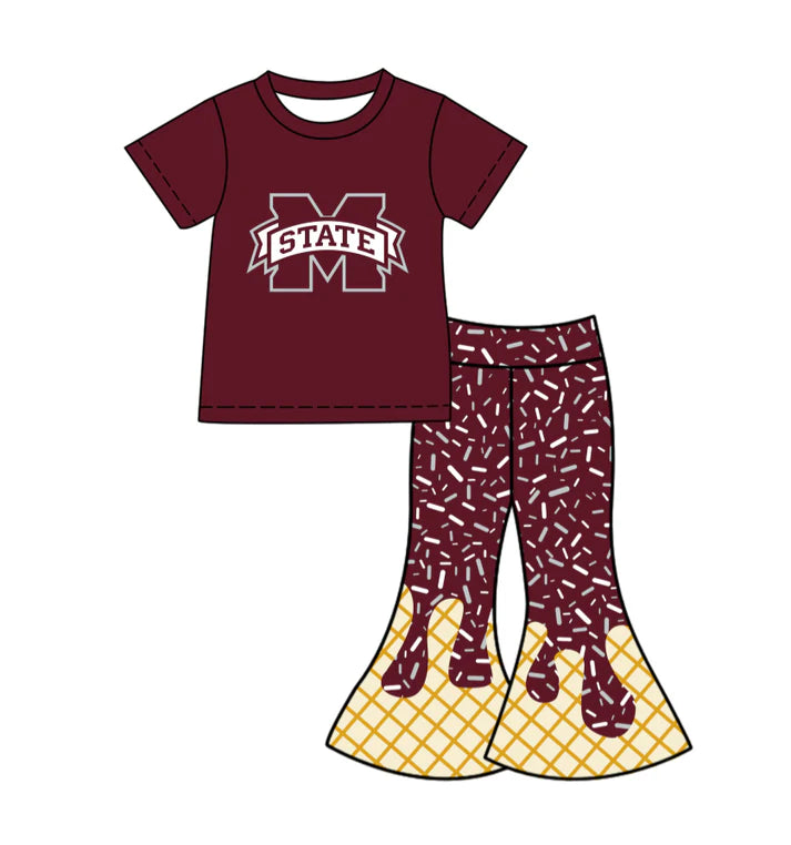 Preorder (moq 5)Baby Girls Dark Red M State Top Drip Sprinkles Bell Bottom Pants Team Clothes Sets 11.27