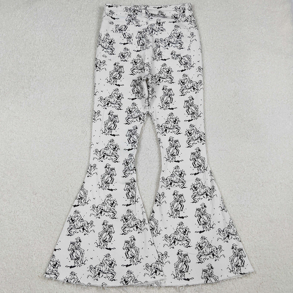 Adult Women Jeans Pants White Western Rodeo Denim Bell Bottom Pants Jeans P0296 10.3