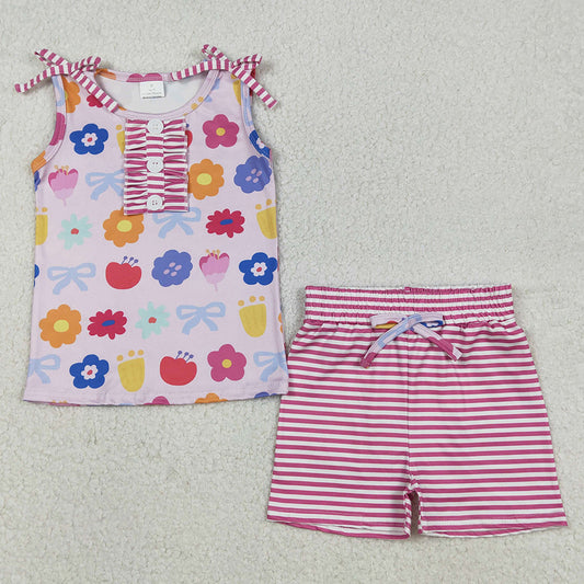 Baby Girls Clothes Colorful Flowers Button Top Stripe Shorts Clothes Sets GSSO2830 12.3
