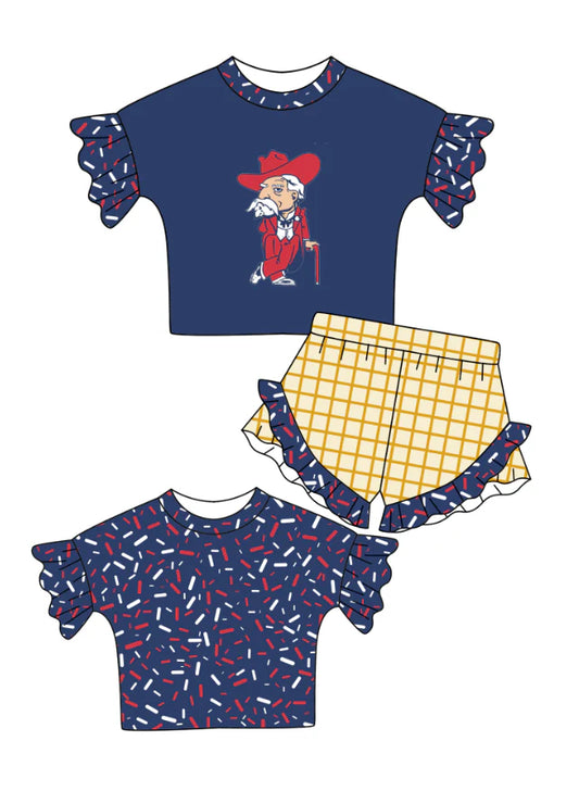 Preorder (moq 5)Baby Girls Navy Back Sprinkles Top Checked Ruffle Shorts Team Clothes Set 1.12