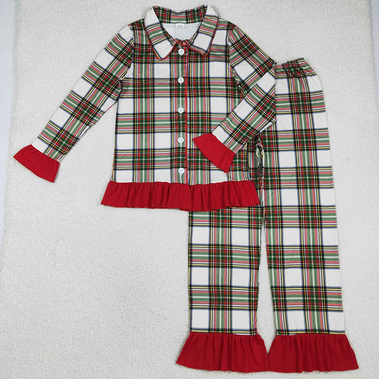 Adult Women Pajamas Green Red Checked Button Top Ruffle Pant Christmas Pajamas Sets GLP2827 11.15