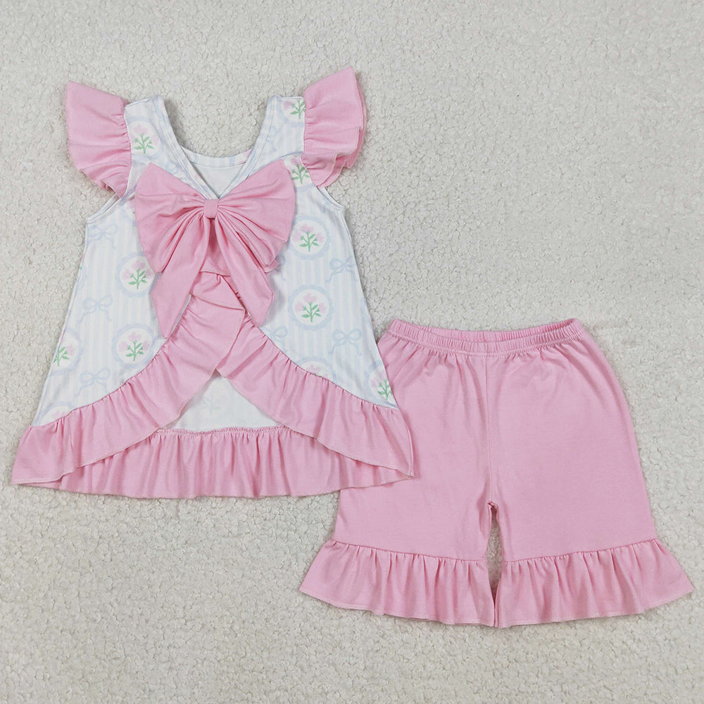 Baby Girls Clothes Flowers Stripe Back Bows Tunic Ruffle Shorts Clothes Sets GSSO2732 12.3