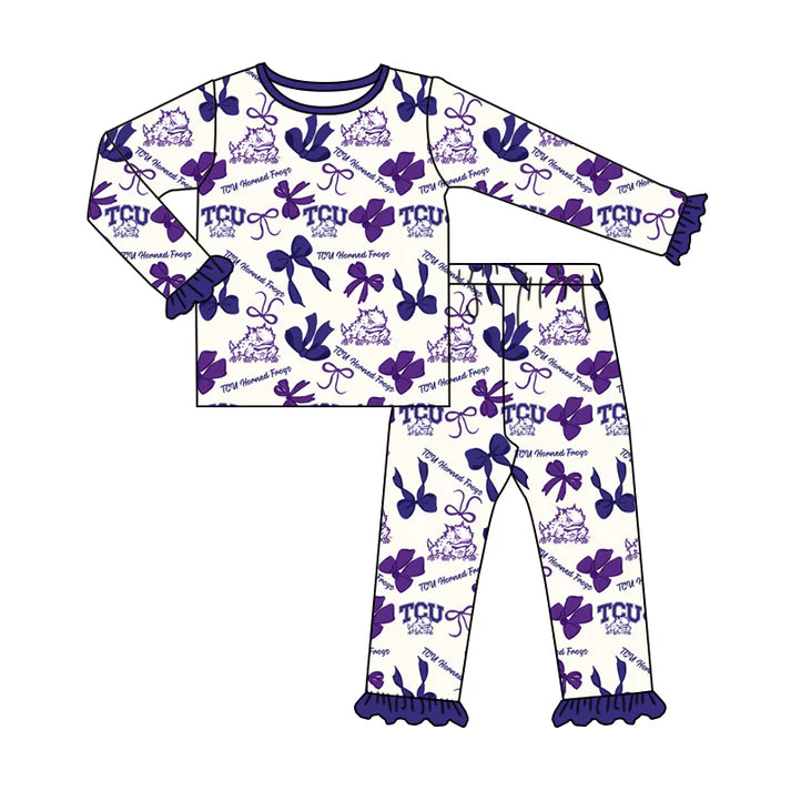 Preorder MOQ 5 Long sleeves T C U purple bows kids girls team pajamas 8.21