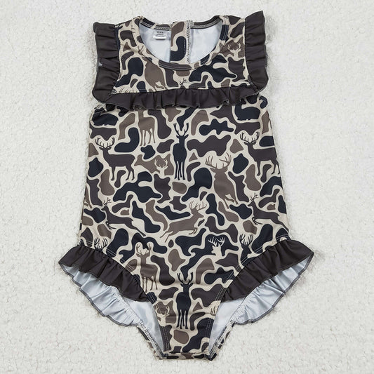 Baby Girls Swimsuits Southern Dark Brown Deer Camo Zipper Ruffle Swimsuits S0597 12.20