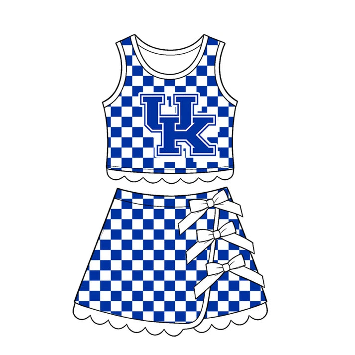 Preorder Baby Girls Blue Checked Kentucky Top Bows Skirt Short Scallop Clothes Set GSD4283