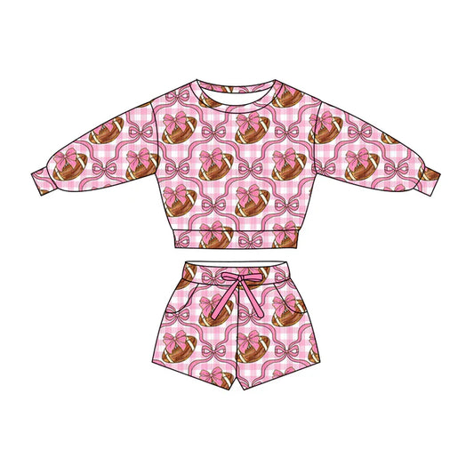 Preorder (moq 5)Baby Girls Pink Checked Bow Footballs Top Pockets Shorts Team Clothes Sets 11.26