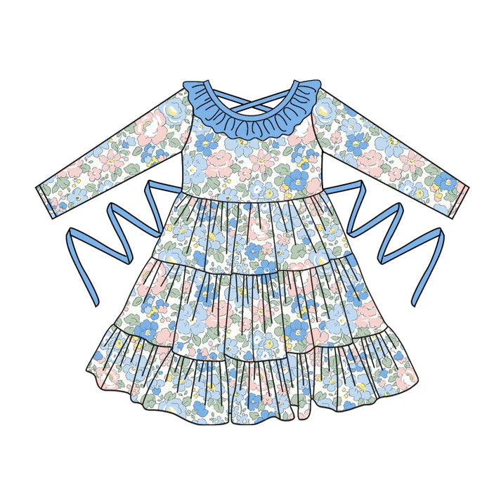 Preorder moq 5 Baby Girls Long Sleeves Blue Floral With Belt Ruffle Knee Length Dresses 5.2