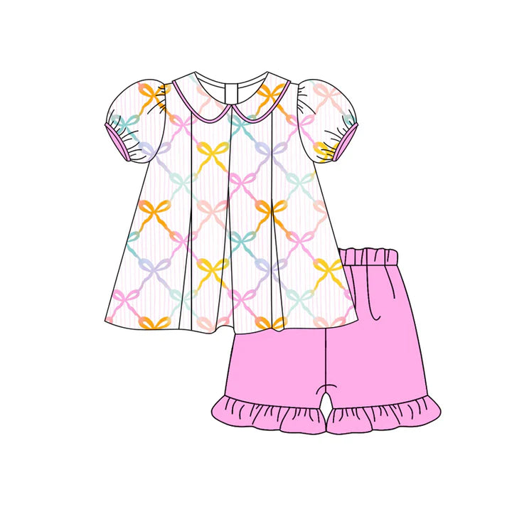 Preorder (moq 5)Baby Girls Short Ruffle Sleeves Colorful Bows Tunic Ruffle Short Set 4.26