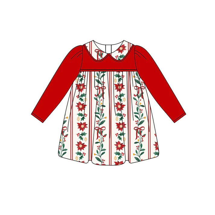 Preorder (moq 5)Baby Girls Red Long Sleeves Flowers Bows Stripe Knee Length Dresses 6.12