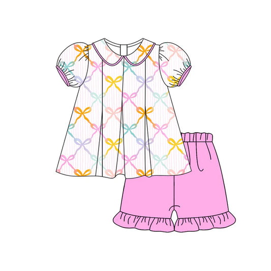 Preorder (moq 5)Baby Girls Short Ruffle Sleeves Colorful Bows Tunic Ruffle Short Set 5.13