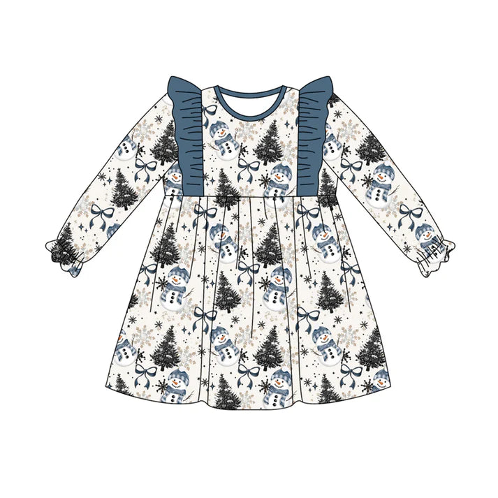 Preorder (moq 5)Baby Girls Long Ruffle Sleeves Blue Bows Snowman Plaid Knee Length Dress 7.28