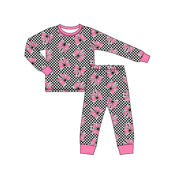 Preorder (moq 5)Baby Girls Long Sleeves Black Plaid Pink Bows Top Pant Pajamas Set 6.17