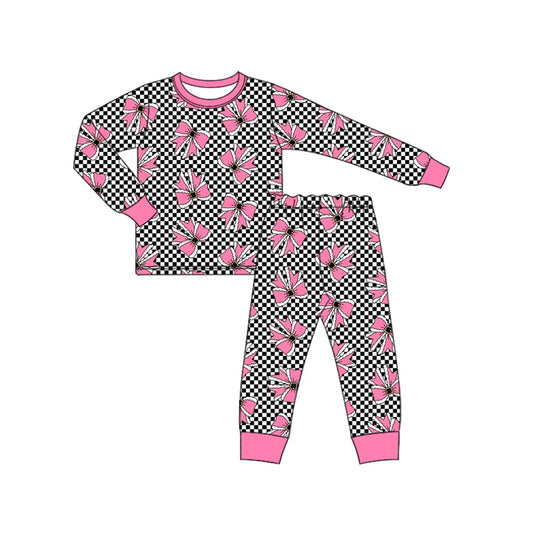 Preorder (moq 5)Baby Girls Long Sleeves Black Plaid Pink Bows Top Pant Pajamas Set 6.17