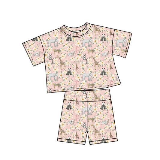 Preorder (moq 5)Baby Girls Zoo Animals Flowers Top Shorts Clothes Sets 12.6