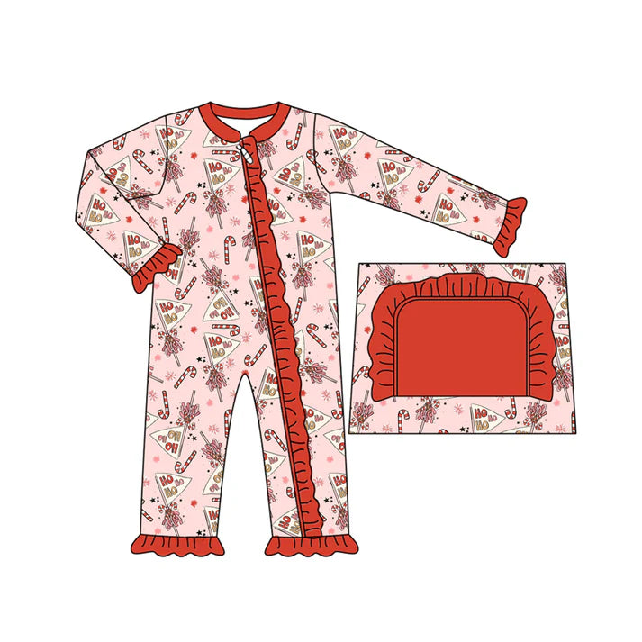 Preorder moq 5 Baby Infant Girls Long Sleeves Red Bows Candy Cane Ruffle Zipper Romper 7.14