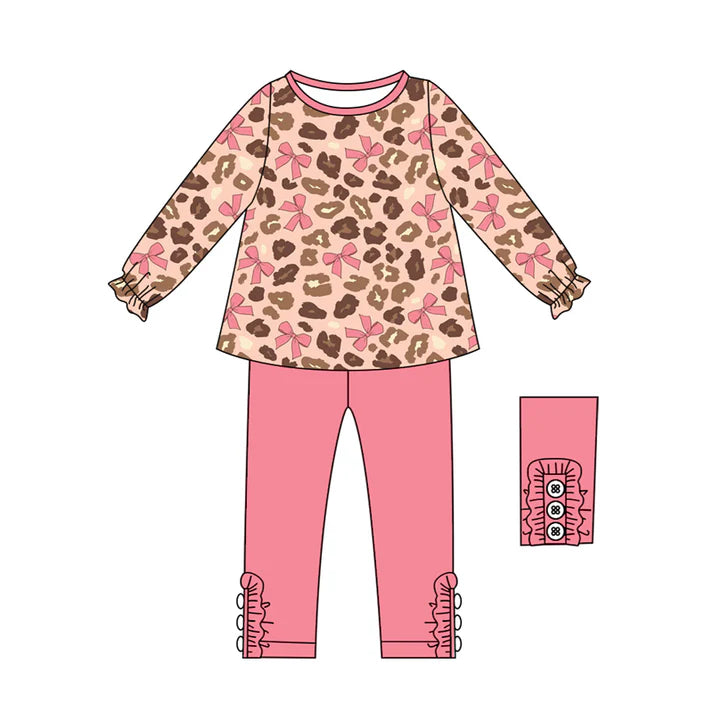 Preorder (moq 5)Baby Girls Long Ruffle Sleeves Pink Bows Leopard Tunic Legging Pant Sets 6.11