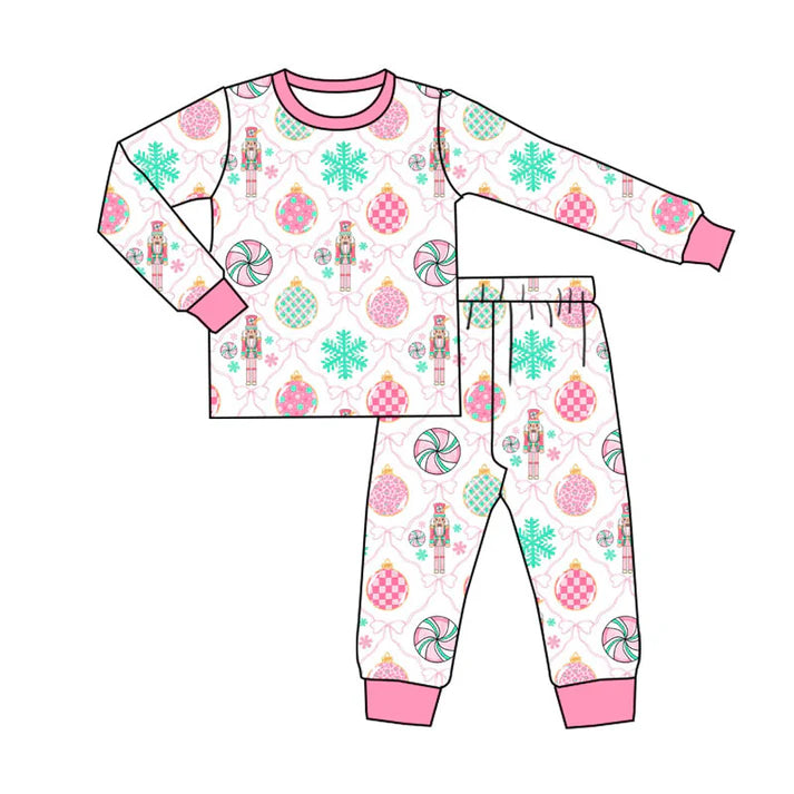 Preorder (moq 8)Baby Bows Pink Bows Soldiers Top Pants Christmas Pajamas Sets 9.10