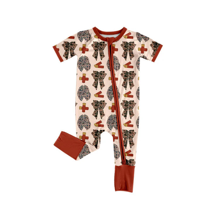 Preorder (moq 5)Baby Girls Camo Bows Duck Calls Hunting Two Way Zip Convertible Rompers 11.25