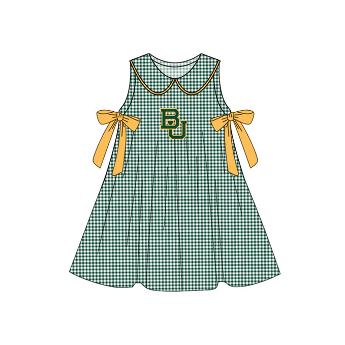 Preorder (moq 5)Baby Girls Green Plaid Sleeveless Bows BU Team Knee Length Dresses 7.10