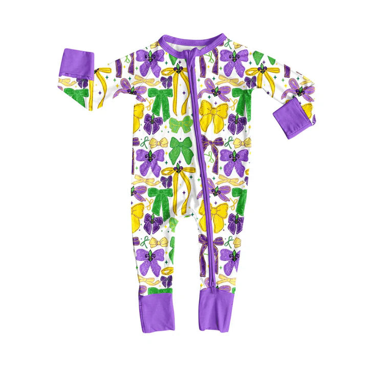 Preorder (moq 8)Baby Girls Purple Yellow Green Bows Stars Mardigras Zipper Footie Rompers 9.11