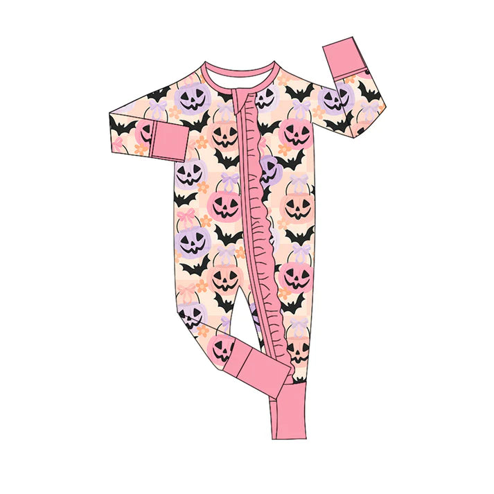 Preorder (moq 5)Baby Girls Long Sleeves Ghost Pumpkins Bats Pink Plaid Zipper Pant Rompers 6.13