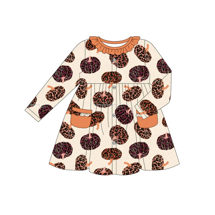 Preorder (moq 5)Baby Girls Long Sleeves Leopard Pumpkins Plaid Pockets Knee Length Dress 7.26