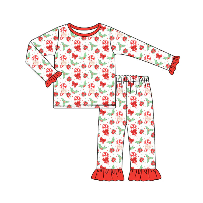 Preorder (moq 5)Baby Girls Long Ruffle Sleeves Bows Candy Cane Top Pant Pajamas Set 6.21