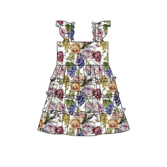 Preorder(moq 5) Baby Girls Flutter Sleeve Flowers Grapes Patchworks Knee Length Dresses 11.12