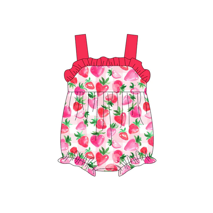 Preorder (moq 5)Baby Girls Red Strap Hearts Strawberry Ruffle Bubble Rompers 4.25