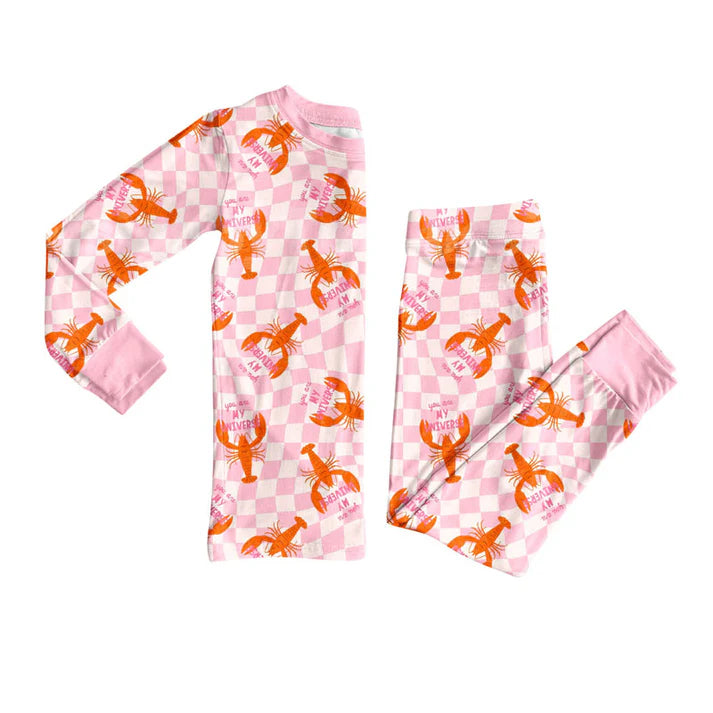 Preorder (moq 8)Baby Girls Pink Checked Crayfishes Top Pants Pajamas Sets 9.15