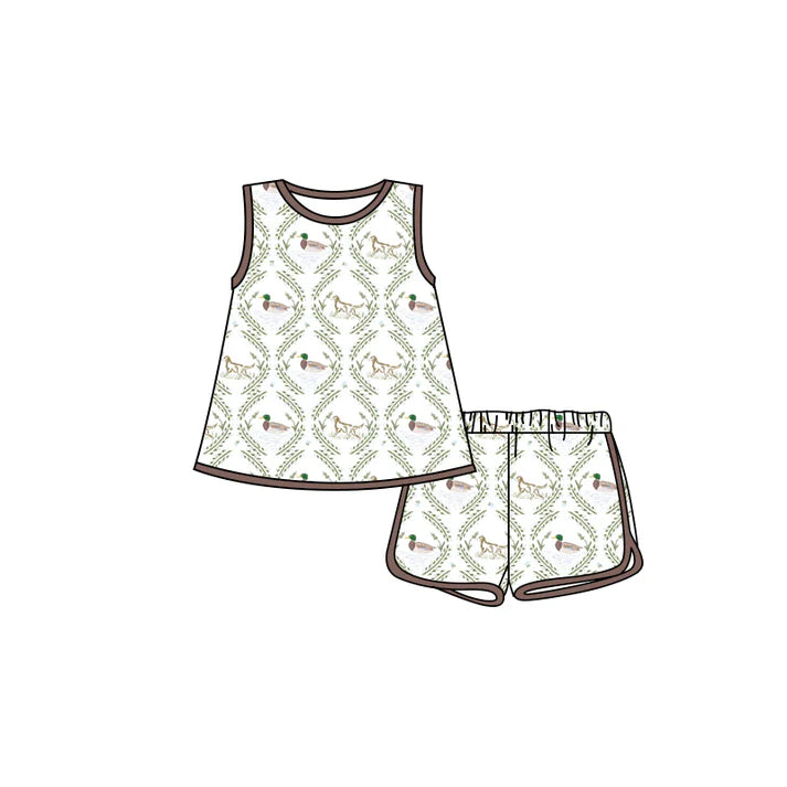 Preorder moq 5 Baby Girls Sleeveless Dogs Ducks Plaid Tunic Short Set 4.18