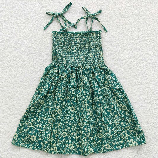 Summer Baby Girls Dress Green Flowers Elastic Knee Length Dresses GSD0369 7.17