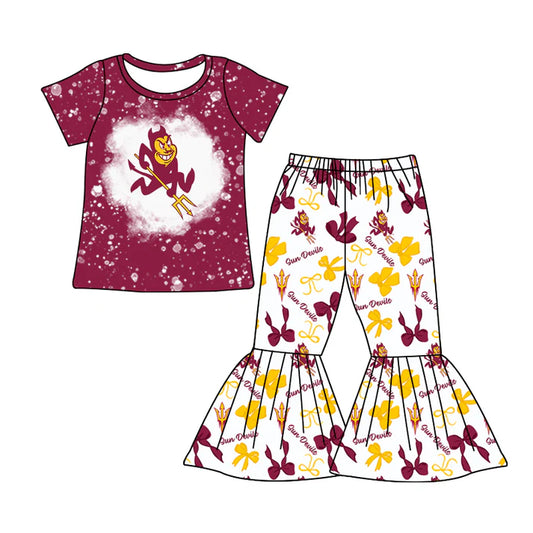 Preorder MOQ 5 bleached maroon top bow bell bottoms pants girls team clothes 8.21