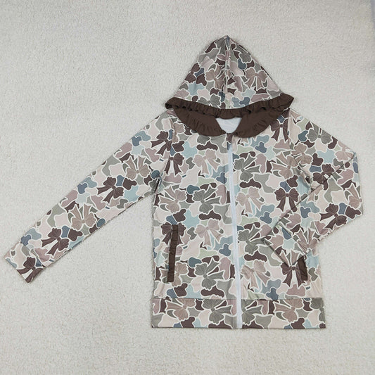 Adult Women Southern Grey Bows Camo Pockets Zipper Ruffle Hoodies Jackets Top GT1273 12.9