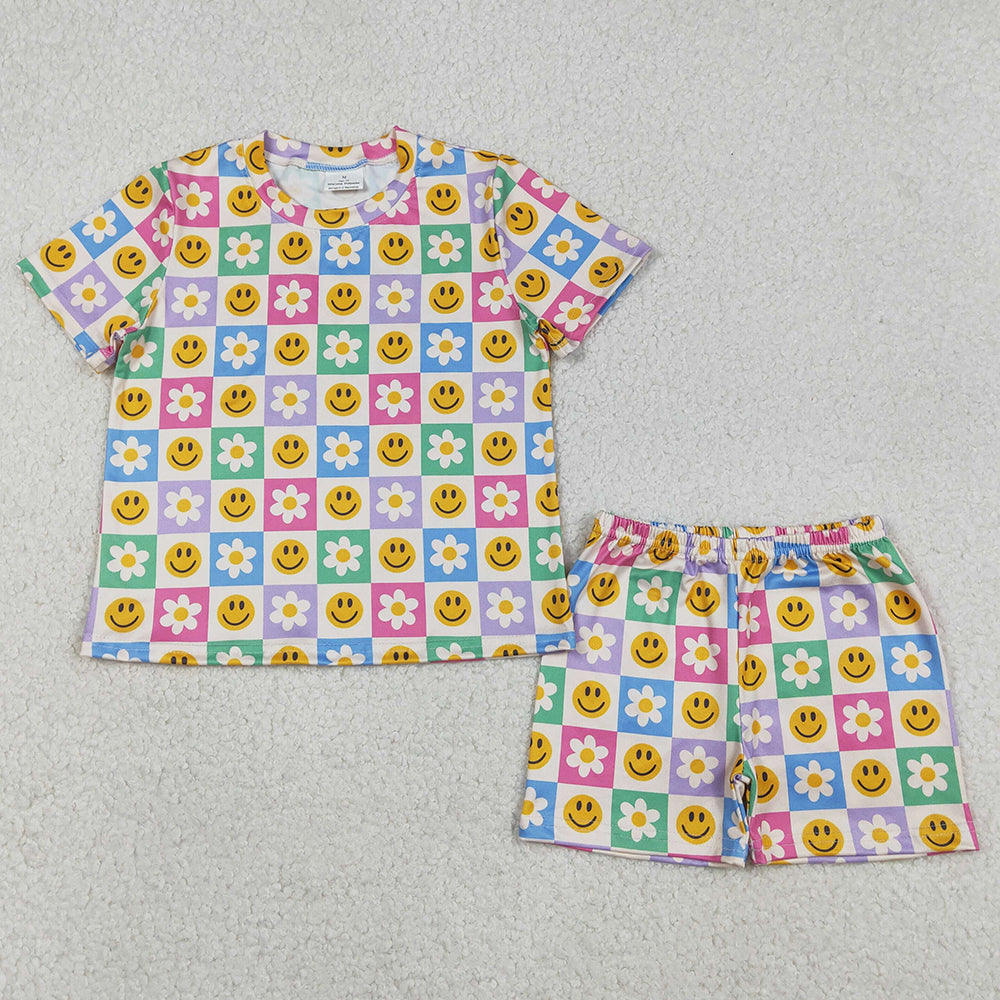 Baby Girls Clothes Colorful Smile Flowers Checked Pockets Shorts Clothes Sets GSSO2864 12.23