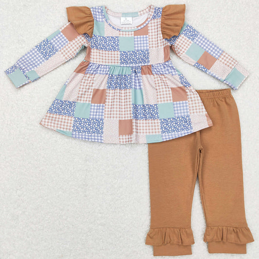 Baby Girls Clothes Blue Patchwork Print Tunic Ruffle Pants Sets
