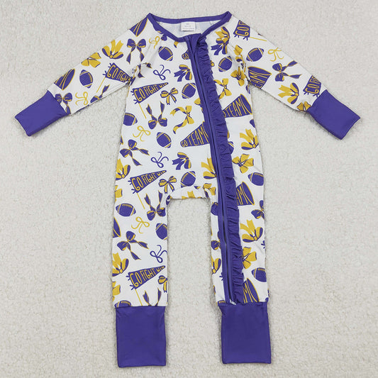 Baby Girls Rompers Team Purple Bows Footballs Ruffle Zipper Footie Rompers LR2513 10.1
