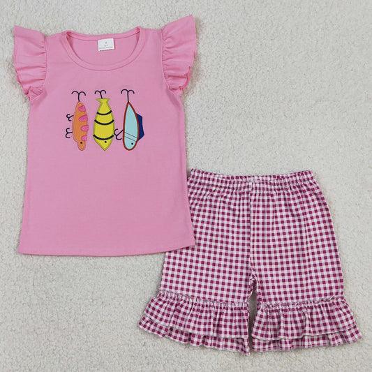 Baby Girls Clothes Sibling Embroidery Fishing Shirt Checked Ruffle Shorts Hunting Clothes Sets GSSO2795 BSSO1628 12.22