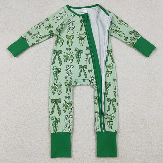 Baby Girls Rompers Green Clover Bows St Patrick Zipper Footie Rompers LR2654 10.2
