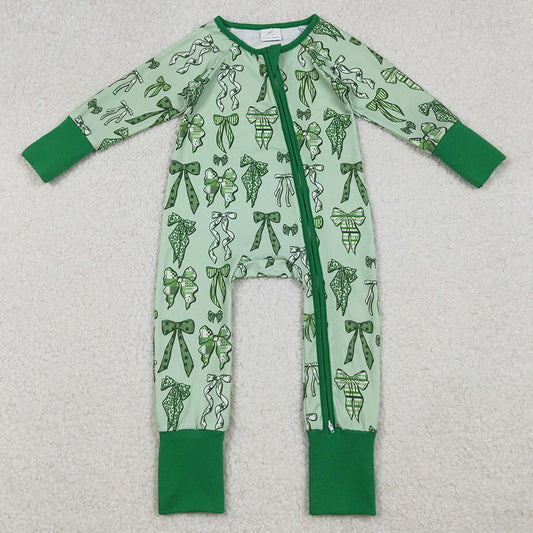 Baby Girls Rompers Green Clover Bows St Patrick Zipper Footie Rompers LR2654 10.2