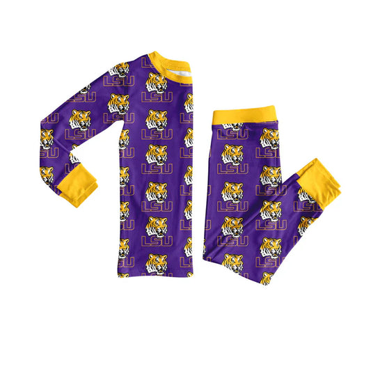 Preorder (moq 5)Baby Girls Purple Long Sleeves Team LSU Tigers Plaid Top Pants Pajamas Set 7.12