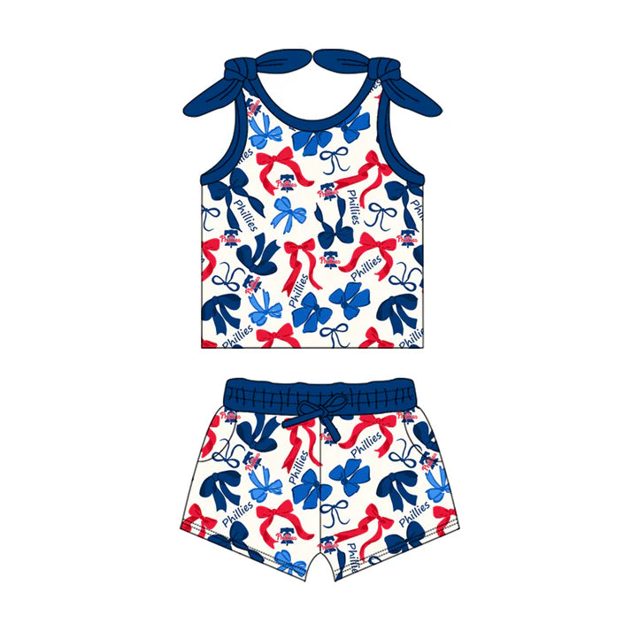 Preorder MOQ 5 pcs sleeveless blue P bow top shorts girls team clothes 8.26