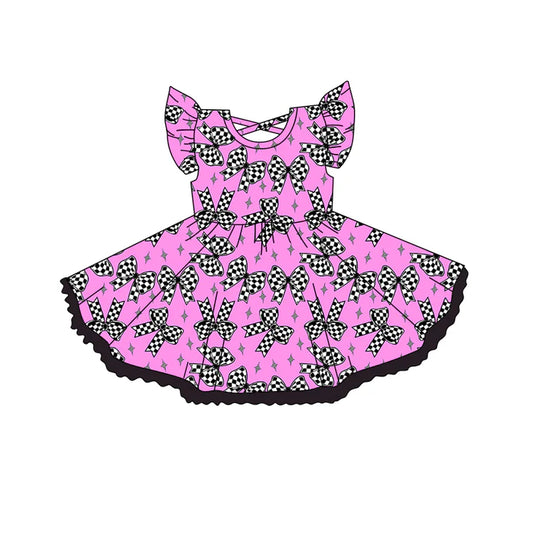 Preorder (moq 5)Baby Girls Pink Flutter Sleeves Plaid Bows Stars Knee Length Dress 5.14