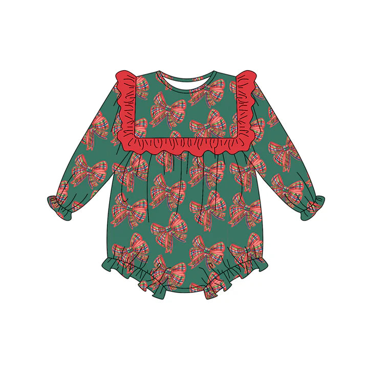 Preorder (moq 5)Baby Girls Long Sleeves Green Red Plaid Bows Plaid Ruffle Romper 7.3