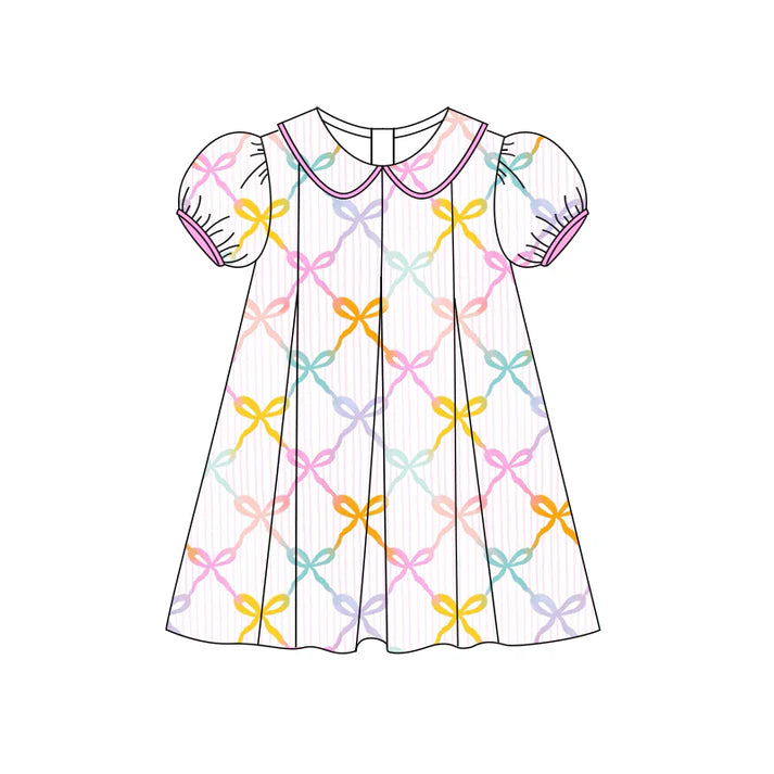 Preorder (moq 5)Baby Girls Short Ruffle Sleeves Colorful Bows Knee Length Dress 4.26