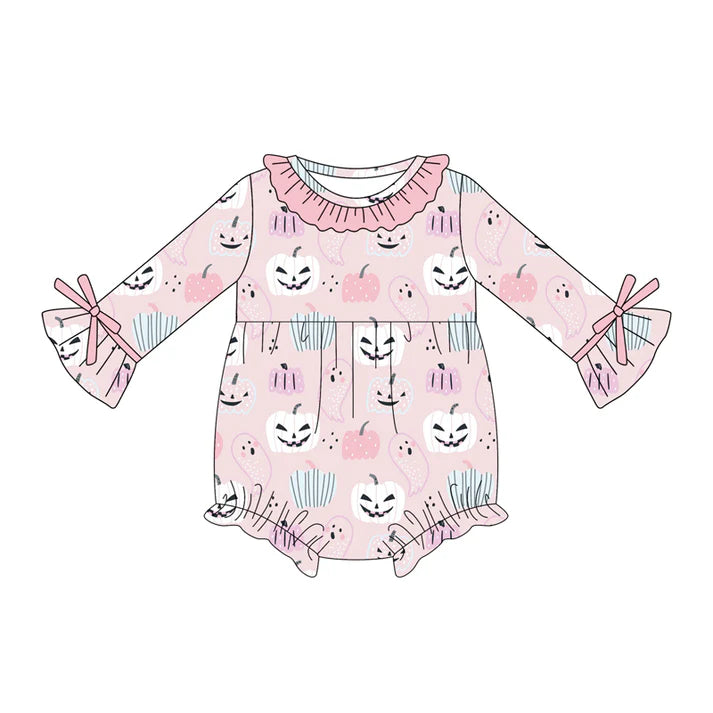 Preorder (moq 5)Baby Girls Pink Long Sleeves Ghosts Pumpkins Ruffle Rompers 5.17