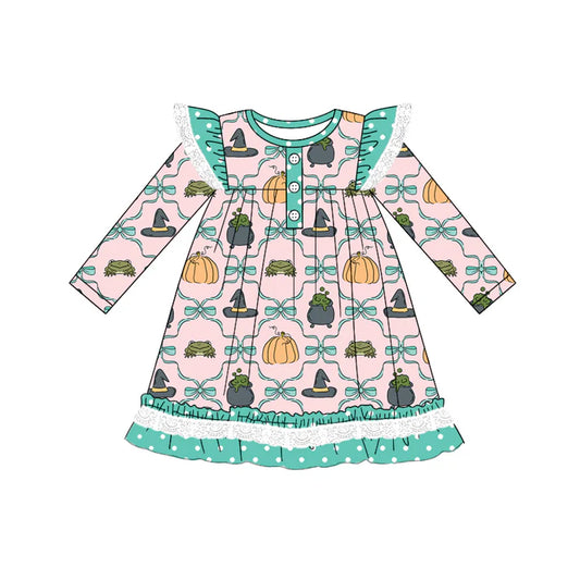 Preorder (moq 5)Baby Girls Long Sleeves Bows Pumpkins Plaid Ruffle Button Knee Length Dresses